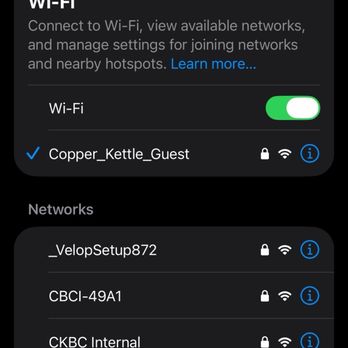Copper Kettle Brewing - Password is "CraftBeer" capitalization matters. - A screenshot of a Wi-Fi settings menu showing available networks, with Copper Kettle Guest connected. - Breweries Near Me - Denver, Colorado