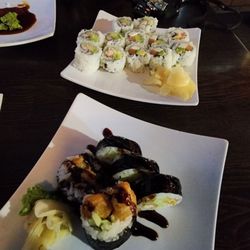 Osaki Steak & Sushi - Tempura chicken sushi. California roll, and Philadelphia roll.