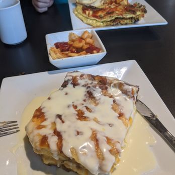 Oy! - Veggie omelette and Very very cheesey egg and Challah casserole. - Breakfast & Brunch Near Me - Atlanta, Georgia Oy! - Veggie omelette and Very very cheesey egg and Challah casserole. - Breakfast & Brunch Near Me - Atlanta, Georgia