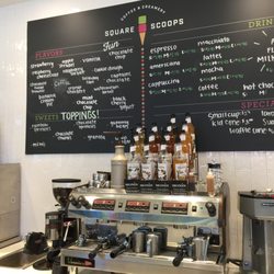 Square Scoops Coffee & Creamery - Wall menu and coffee apparatus