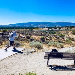 The Ranch Disc Golf Course - Hole #1.  Horrible up angled throw.  Wind killed it.