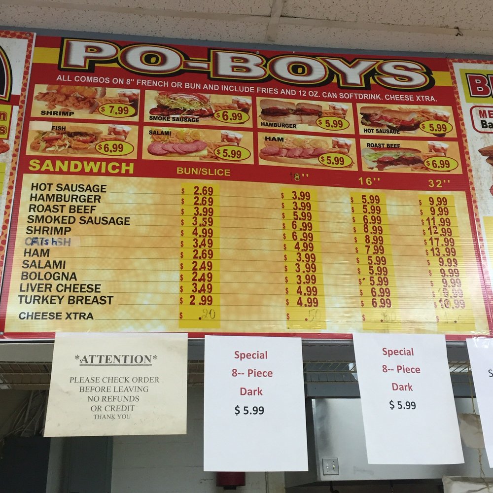 Franklin Discount - Po-Boy Menu. Options are: Shrimp, Smoke Sausage, Hamburger, Hot Sausage, Fish, Salami, Ham, or Roast Beef. They even offer Turkey Breast! - Convenience Stores Near Me - New Orleans, Louisiana