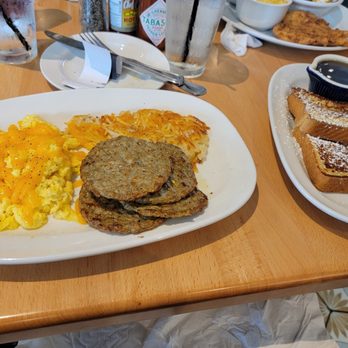 Ellen's - Big Ol' Breakfast Eggs with cheese, hashbrowns, turkey sausage and French toast - Breakfast & Brunch Near Me - Dallas, Texas Ellen's - Big Ol' Breakfast Eggs with cheese, hashbrowns, turkey sausage and French toast - Breakfast & Brunch Near Me - Dallas, Texas