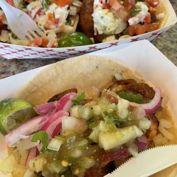 Santa Madre Taco Shop - Fish and Shrimp tacos post condiments. 6/2023 - Mexican Near Me - Tempe, Arizona