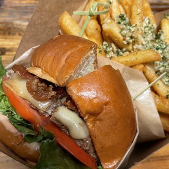 A+ Burger - Cheeseburger with Swiss cheese (comes with lettuce, tomatoes and thousand island spread). Side of garlic fries. - Burgers Near Me - Oakland, California A+ Burger - Cheeseburger with Swiss cheese (comes with lettuce, tomatoes and thousand island spread). Side of garlic fries. - Burgers Near Me - Oakland, California