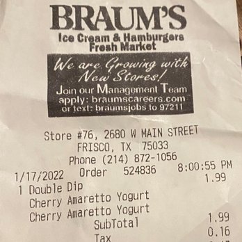 Braum's Ice Cream - Dbl Dip Cherry Amaretto Yogurt $1.99 tab - Ice Cream & Frozen Yogurt Near Me - Frisco, Texas