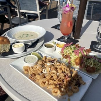 Marisol - Calamari, clam chowder (bread was amazing!), fish tacos, and strawberry-limon chiller. 10/10 - Seafood Near Me - Pismo Beach, California