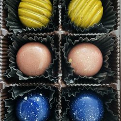 Charlotte Truffles - Make Your Own - 6 Piece | Raspberry Yuzu (top), Rose Water Saffron (middle), Sesame Praline (bottom)