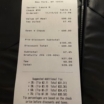 Jane Doe Lounge - Receipt showing "mandatory" tip - Cocktail Bars Near Me - New York, New York