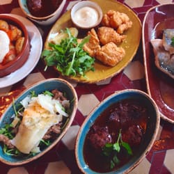 Cafe Andaluz - 3 dishes + dessert £14.95 patatas bravas, pork cheeks 2x, strips of beef fillet, cod fillet pieces, grilled fillet of sea bass