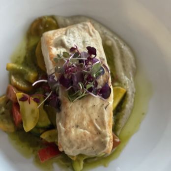 Waypoint Restaurant - Special of the day: Halibut on an eggplant purée. The chef is excellent. All our entrees were just terrific. - Seafood Near Me - Southold, New York