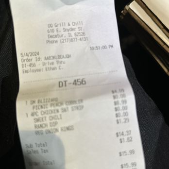 Dairy Queen Grill & Chill - Receipt for a wasted trip, watery blizzard, and cold food - Burgers Near Me - Decatur, Illinois Dairy Queen Grill & Chill - Receipt for a wasted trip, watery blizzard, and cold food - Burgers Near Me - Decatur, Illinois