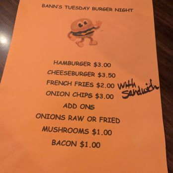 Bann's Bar & Restaurant - Burger Night Menu (as of Fall 2024) - Bars Near Me - Mcgregor, Minnesota