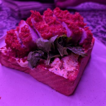Moonstone - Open-Faced Pork Katsu Sandwich {katsu pork, grilled brioche, japanese egg salad, katsu aioli, arugula, ginger-yuzu vinaigrette} $18 - Cocktail Bars Near Me - Kansas City, Missouri