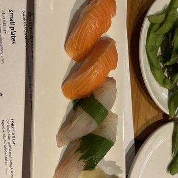 Umi Sake House - Salmon nigiri and special nigiri (possibly Hirame?) - Sushi Bars Near Me - Seattle, Washington Umi Sake House - Salmon nigiri and special nigiri (possibly Hirame?) - Sushi Bars Near Me - Seattle, Washington