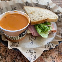 Kneaders Bakery & Cafe - Tomato basil soup with half Ham and Swiss Sandwich