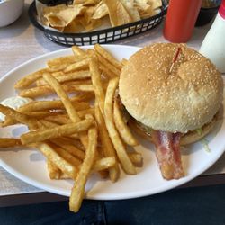 Ranch Grill - Bacon cheeseburger with fries and nachos with salsa