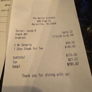 Walnut Kitchen - Our bill for the dinner - Southern Near Me - Maryville, Tennessee Walnut Kitchen - Our bill for the dinner - Southern Near Me - Maryville, Tennessee
