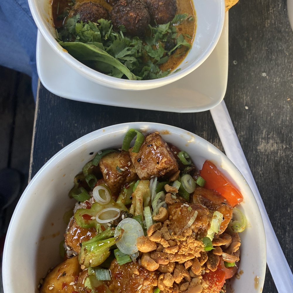 Saag paneer and Kung Pao tofu. Saag paneer and Kung Pao tofu.