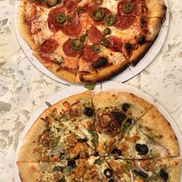 Pepperoni pizza and Chicken Pesto Pizza Pepperoni pizza and Chicken Pesto Pizza