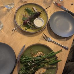 Lamb and beef kefte kabob Broccolini with sunflower tahini