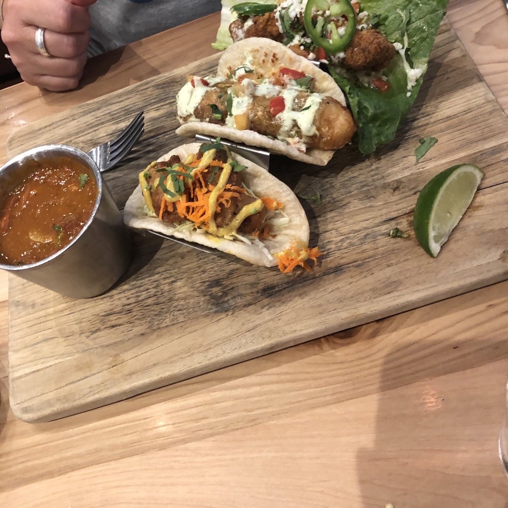 Local Lime | Rogers - Fried Chicken taco- lettuce wrap, fish taco and the curry shrimp taco with drunken beans. - Mexican Near Me - Rogers, Arkansas