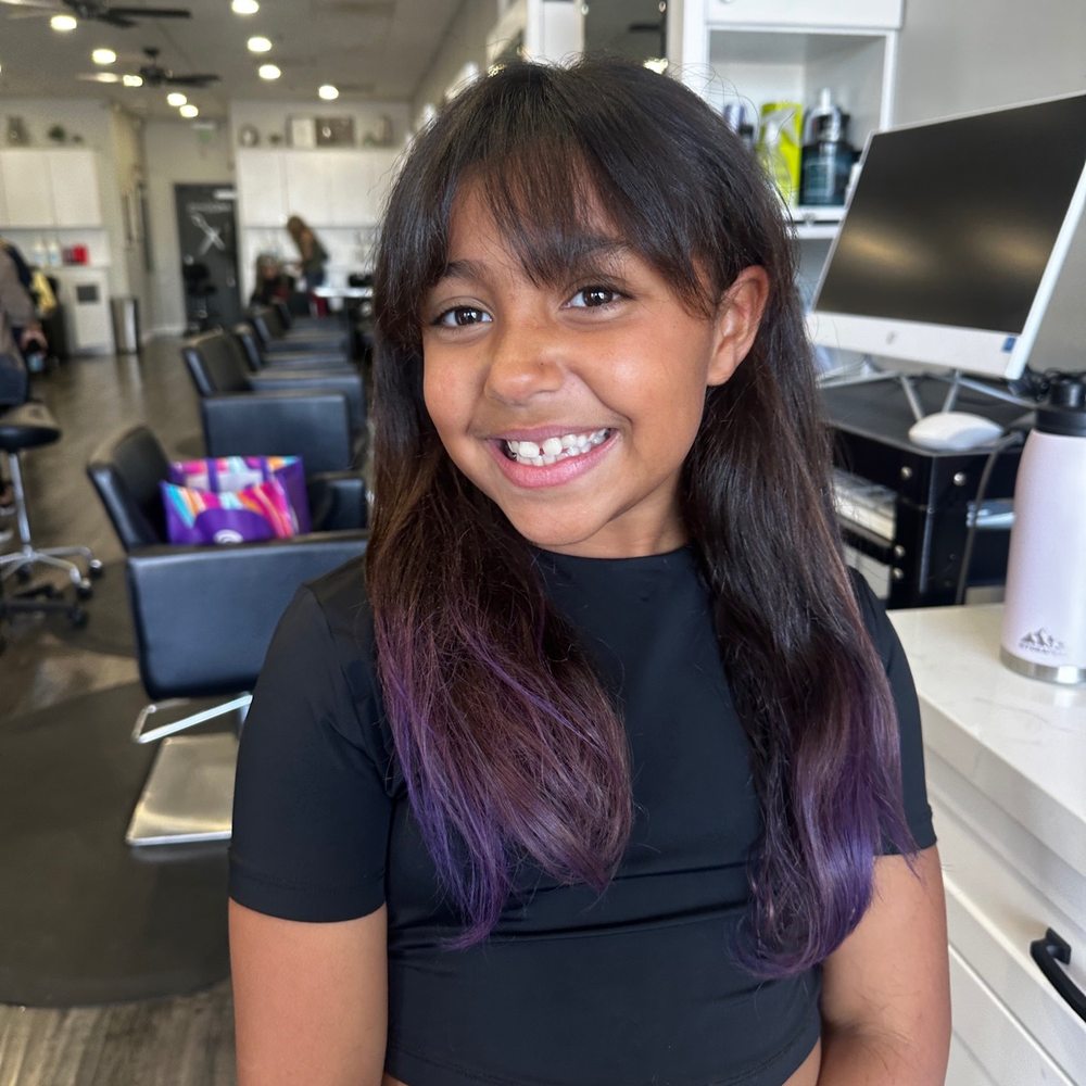 Eviano's Studio - Happy 8 year old with fun hair by Miranda - Hair Salons Near Me - Rancho Cucamonga, California