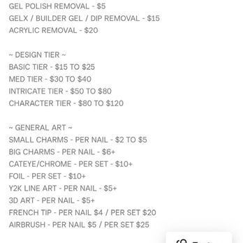 Secrete Nail Bar - Their pricing - intricate design is listed as $50-80 yet I was charged about double hence why I asked for clarification - Nail Salons Near Me - Westminster , California