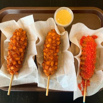 Kong Dog - Yam-Yam with Sausage x2 Flaming Cheetah with Mozzarella - Asian Fusion Near Me - Glenview, Illinois Kong Dog - Yam-Yam with Sausage x2 Flaming Cheetah with Mozzarella - Asian Fusion Near Me - Glenview, Illinois