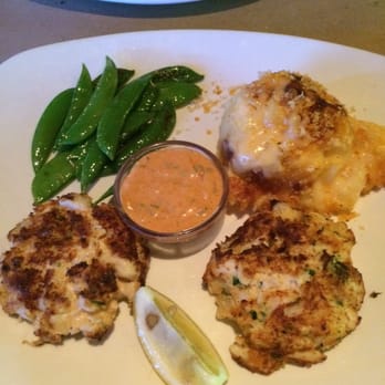 Bonefish Grill - Crab cakes, snap peas, and potatoes au gratin.  Oh my!!! - Seafood Near Me - Gaithersburg, Maryland