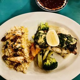Fish of the day with vegetables, rice, shrimp, mashed potatoes