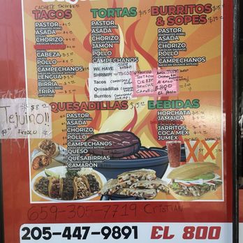 Taqueria El 800 - Full menu zoomed out. - Tacos Near Me - Montevallo, Alabama
