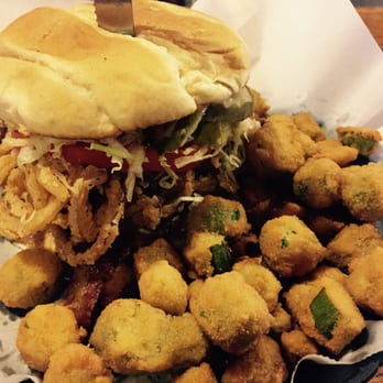 1720 Burger Bar - Grilled foghorn leghorn with lettuce, tomato, and pickle added and a huge side of fried okra. - Burgers Near Me - Florence, South Carolina 1720 Burger Bar - Grilled foghorn leghorn with lettuce, tomato, and pickle added and a huge side of fried okra. - Burgers Near Me - Florence, South Carolina