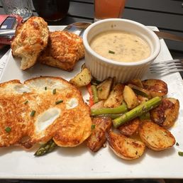 Cheddar Biscuits and gravy with breakfast potatoes (I asked for the sausage gravy on the side).