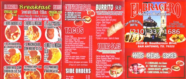 Menu photo 2 El Bracero Mexican Restaurant San Antonio, TX