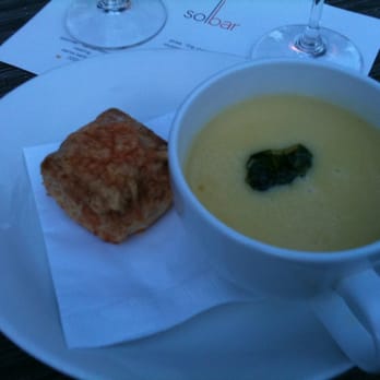 Solbar - Yellow tomato soup with two-cheese bread - New American Near Me - Calistoga, California