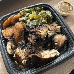 Boston Jerk Chicken with Kale and Collard Greens and Fried Plantains