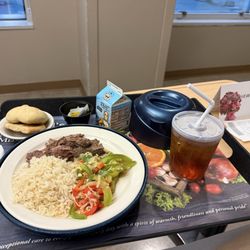St David's North Austin Medical Center - Today: Rice, Bell peppers and beef roast sliced with a chicken noodle soup, iced tea, milk, roll, cookie