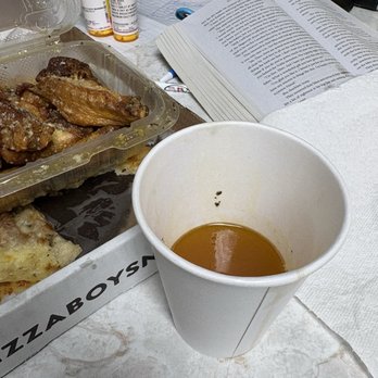 Pizza Boys - The standing oil underneath the plastic container in the foil - Chicken Wings Near Me - New York Mills, New York