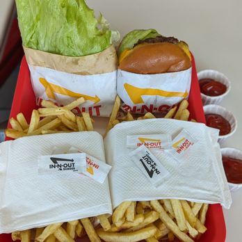 In-N-Out Burger - Left: Hamburger, protein style with extra lettuce; Right: Cheeseburger. Double fries! - Burgers Near Me - West Sacramento, California In-N-Out Burger - Left: Hamburger, protein style with extra lettuce; Right: Cheeseburger. Double fries! - Burgers Near Me - West Sacramento, California