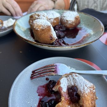 Brine Oyster House - Dessert,  beignets with a berry sauce. - Seafood Near Me - Grosse Pointe Park, Michigan