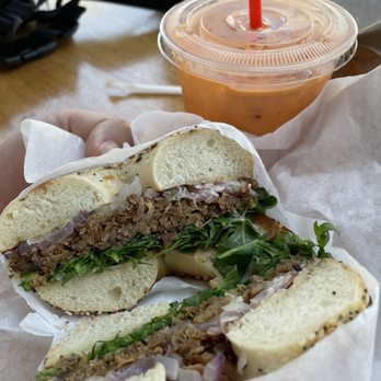 Sweet Bar Bakery - slow roasted pork bagel with thai iced tea - Bakeries Near Me - Oakland, California Sweet Bar Bakery - slow roasted pork bagel with thai iced tea - Bakeries Near Me - Oakland, California