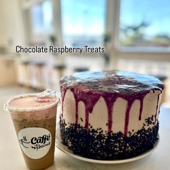 Caffè By Rosine's - Iced chocolate raspberry mocha, and our chocolate raspberry cake. - Desserts Near Me - Sand City, California
