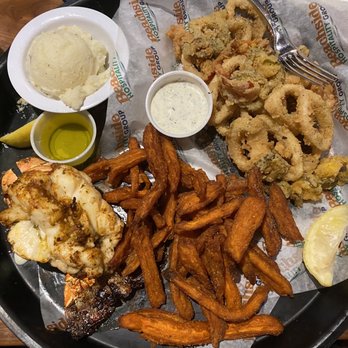 Crabby's Oceanside - Lobster Tail Platter with Calamari, sweet potatoe fries and mashed potatoes. - Seafood Near Me - Daytona Beach, Florida
