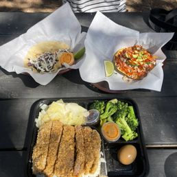 Song La's Fried Pork Plate sub braised tofu for braised egg add longhorn sauce, Cj's ceviche Song La's Fried Pork Plate sub braised tofu for braised egg add longhorn sauce, Cj's ceviche