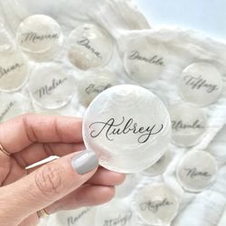 Betty Ling Calligraphy - Black ink on capri shells as placecards