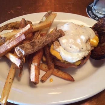 317 Burger - Breakfast Burger - 50 50 mix of ground beef and sausage with gravy and over easy egg. Delicious! - Burgers Near Me - Indianapolis, Indiana