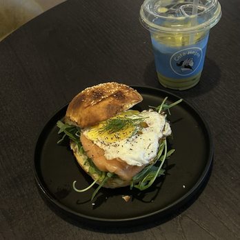 Cafe Hagen - Smoked salmon breakfast bun and oatmeal matcha latte - Coffee & Tea Near Me - Bellevue, Washington