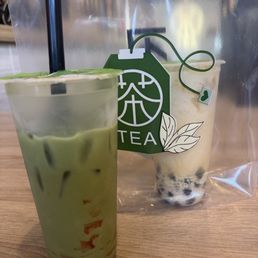 STRAWBERRY MATCHA and PEACH MILK TEA. STRAWBERRY MATCHA and PEACH MILK TEA.