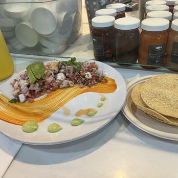 Holbox - Sparking lemonade, Ceviche Mixto served with corn tortilla - Latin American Near Me - Los Angeles, California Holbox - Sparking lemonade, Ceviche Mixto served with corn tortilla - Latin American Near Me - Los Angeles, California